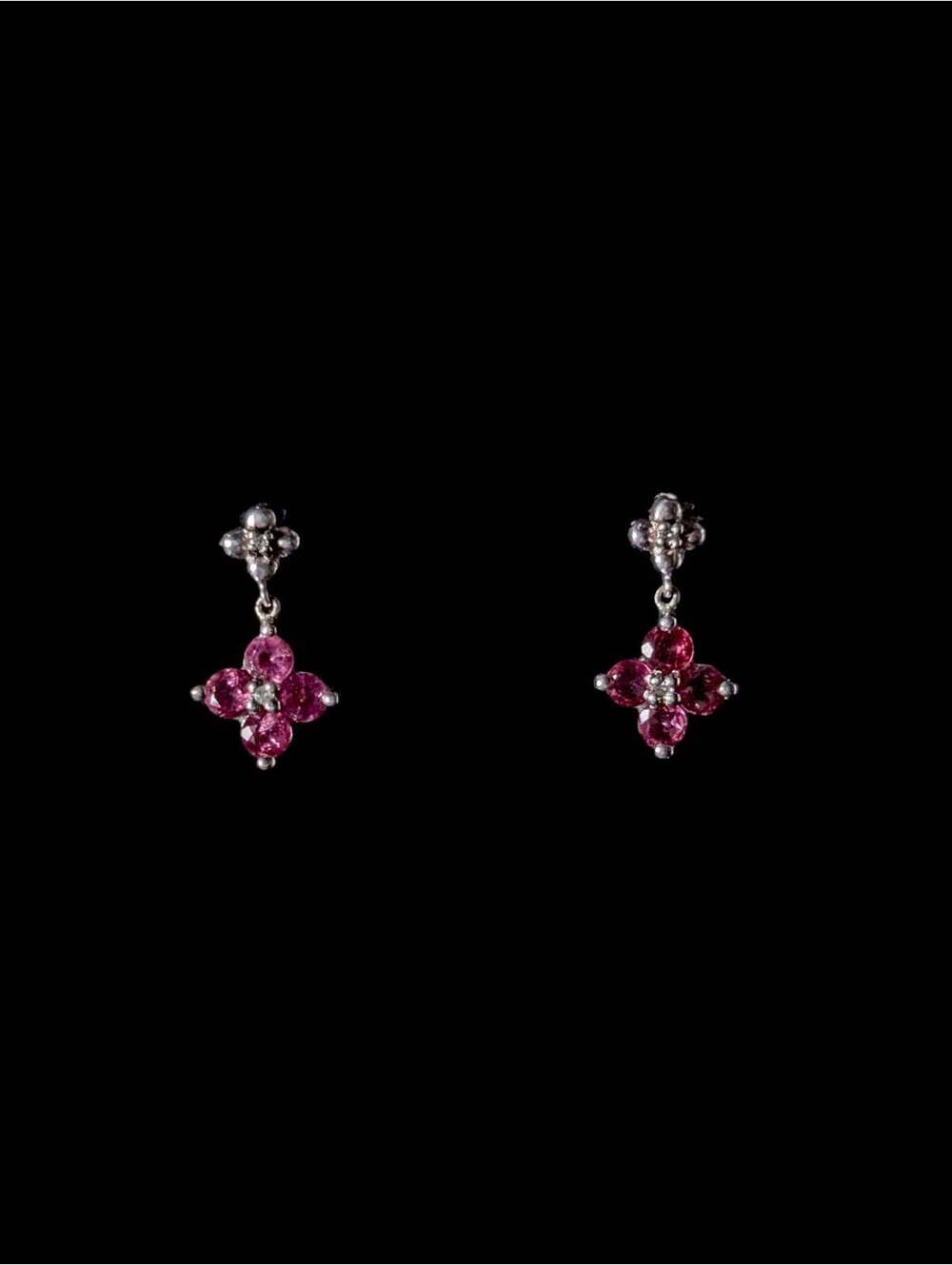 Vintage Flower Genuine Pink Sapphire and Diamond Sterling Silver Drop Earrings